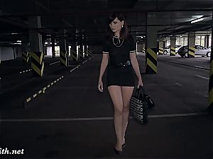 Jeny Smith uncovering her ideal assets in a parking garage